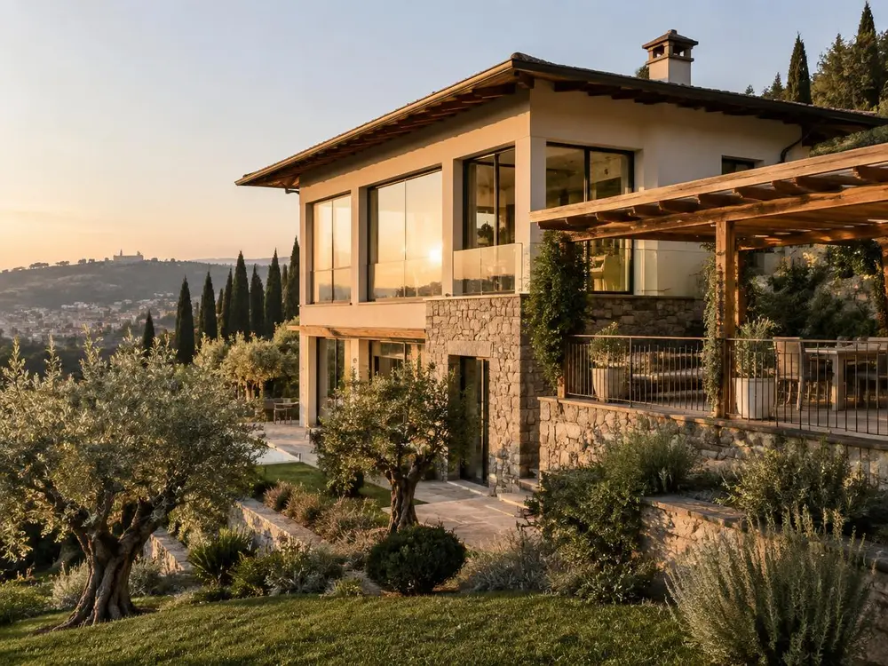 Villa contemporanea sulle colline con pergolato e giardino mediterraneo